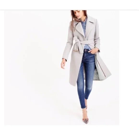 J.Crew Double Cloth Italian Wool Belted long Coat Women’s Size 0 Blue - Picture 3 of 13